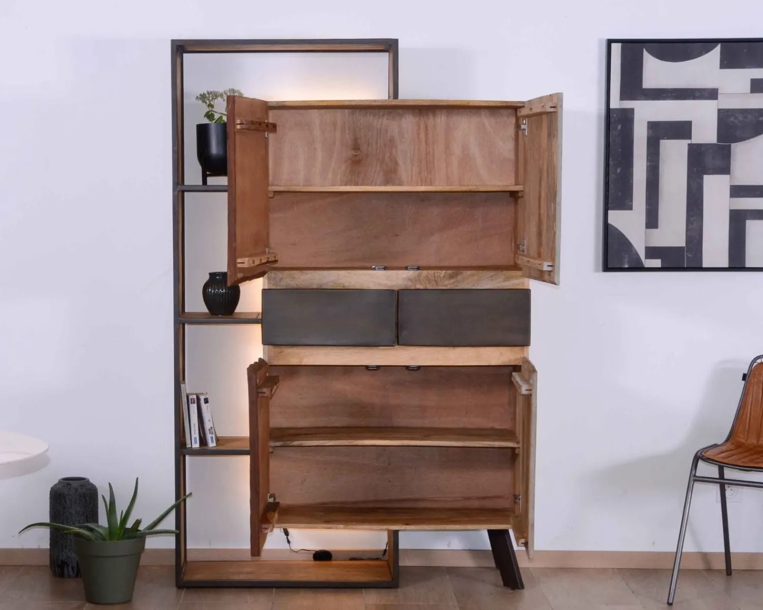 Meuble House Armoire contemporaine avec LED "Mezzo" en bois métal et ciment Clearance