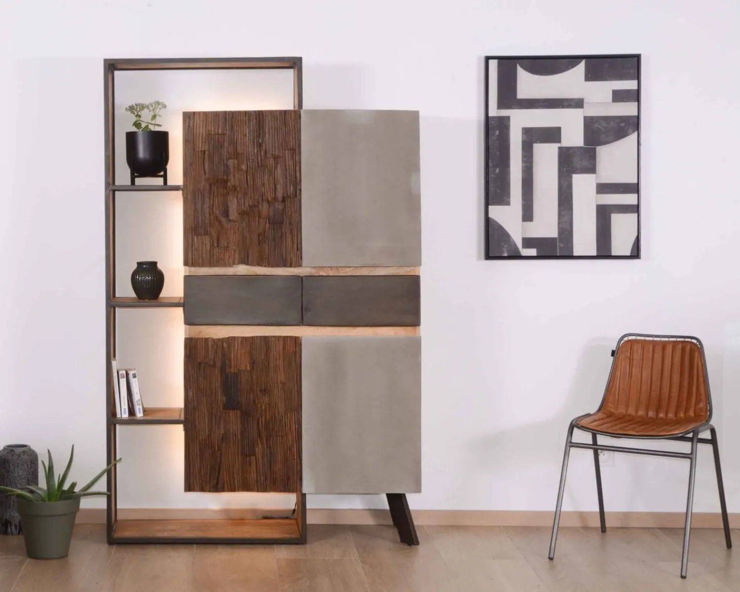 Meuble House Armoire contemporaine avec LED "Mezzo" en bois métal et ciment Clearance