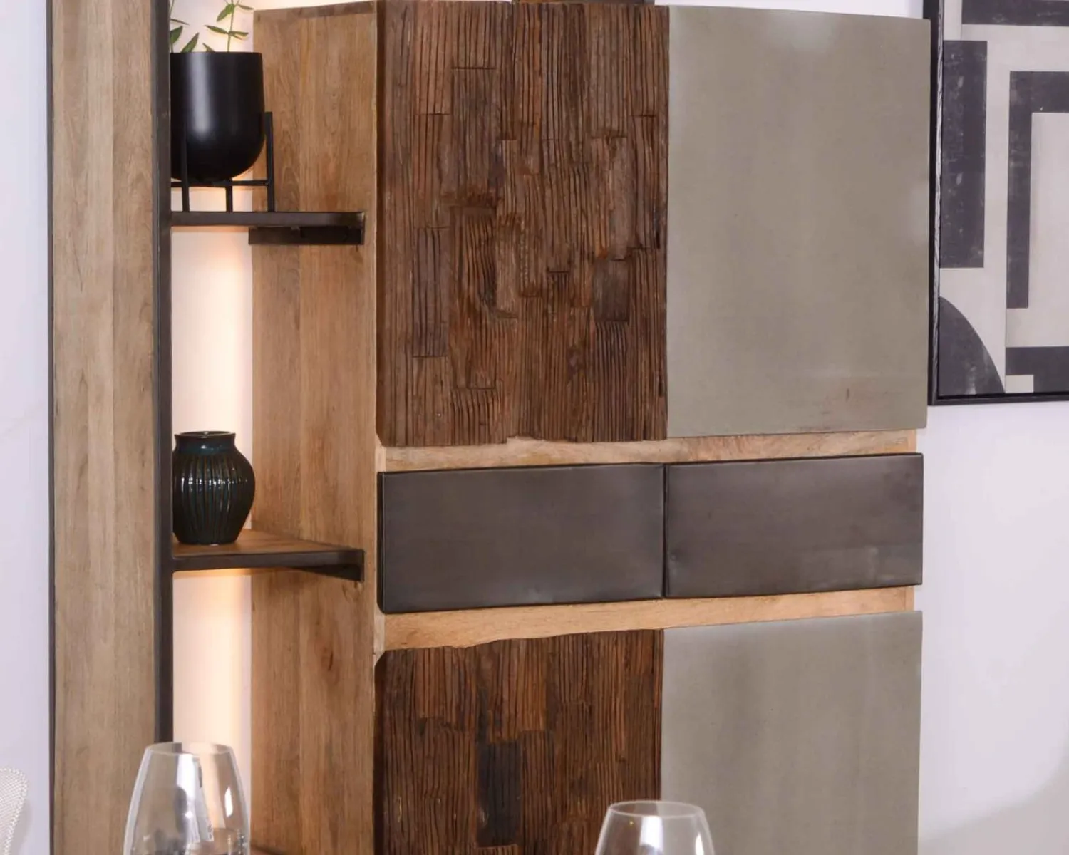 Meuble House Armoire contemporaine avec LED "Mezzo" en bois métal et ciment Clearance