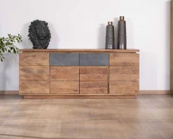 Meuble House Bahut contemporain 175cm en acacia avec bandeau LED et tiroirs placage pierre 