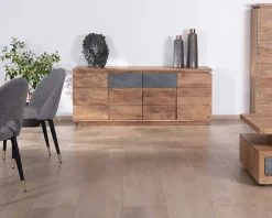 Meuble House Bahut contemporain 175cm en acacia avec bandeau LED et tiroirs placage pierre 