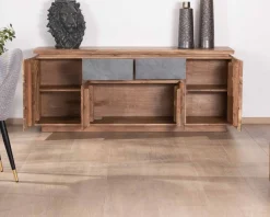 Meuble House Bahut contemporain 175cm en acacia avec bandeau LED et tiroirs placage pierre 