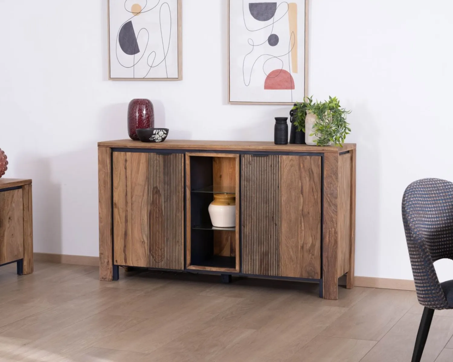 Meuble House Bahut en palissandre et acacia "Enoa" avec étagères en verre Outlet