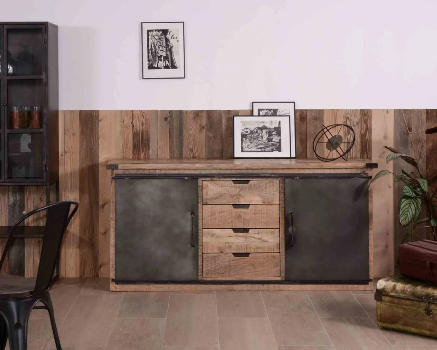 Meuble House Bahut industriel portes coulissantes et tiroirs bois 180cm "Caractère" Best