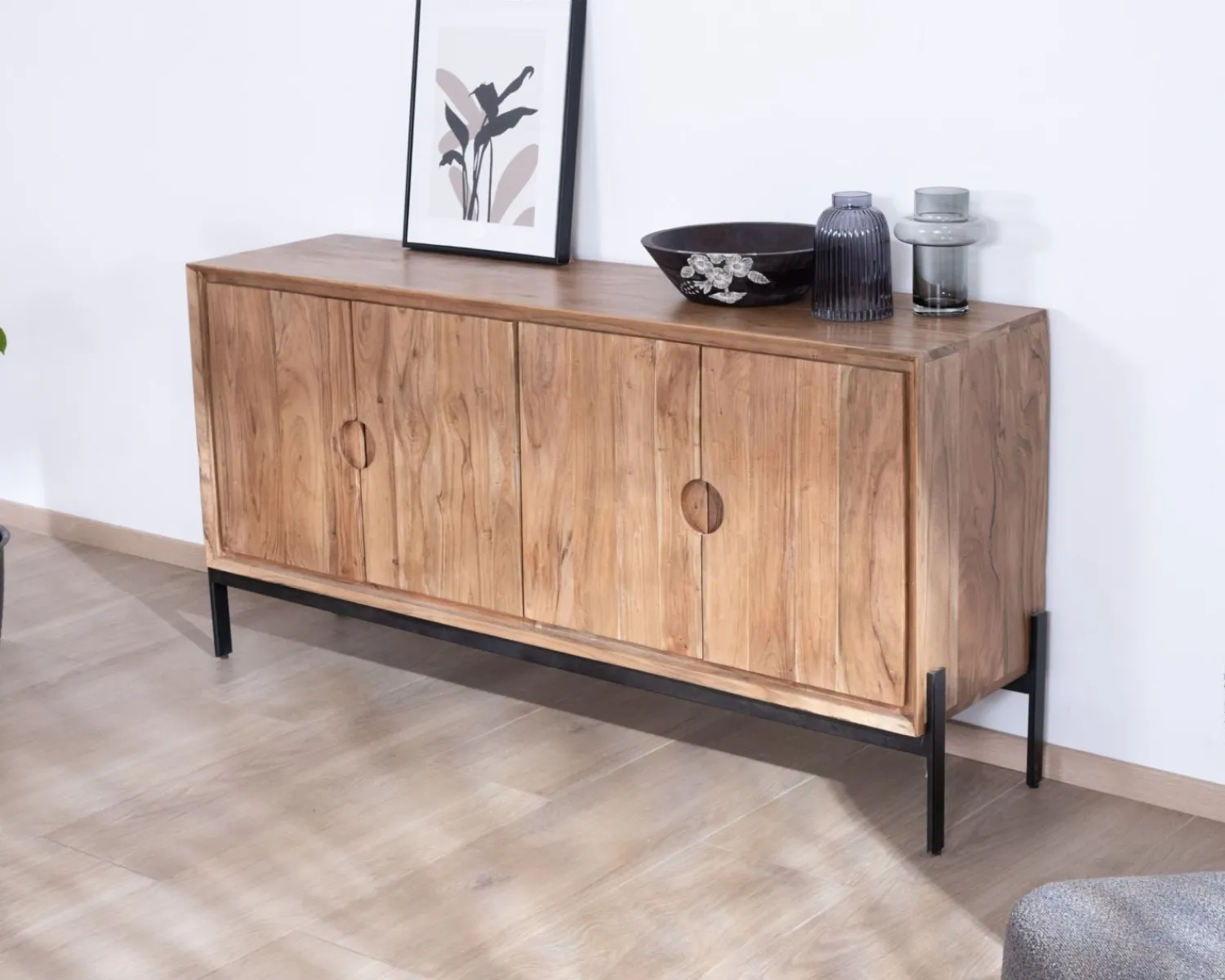 Meuble House Bahut 4 portes en acacia et métal 160 cm "Novelli" esprit zen et épuré New