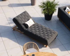 Meuble House Bain de soleil design tissu Sunbrella gris foncé et teck 