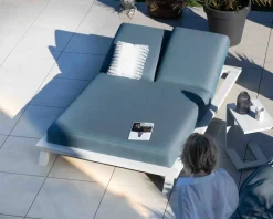 Meuble House Bain de soleil double en tissu turquoise et aluminium blanc 