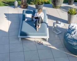Meuble House Bain de soleil double en tissu turquoise et aluminium blanc 