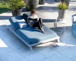 Meuble House Bain de soleil double en tissu turquoise et aluminium blanc 