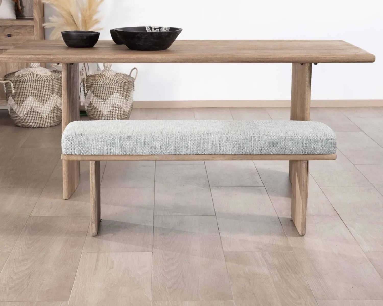 Meuble House Banc élégant et confortable 120cm en manguier et assise rembourrée tissu gris chiné "Maestro" Best