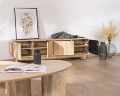 Meuble House Banc TV 4 portes 180 cm en manguier avec porte déco noire "Jappy" Online