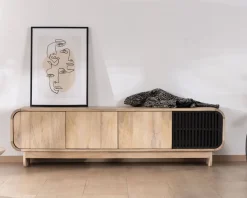 Meuble House Banc TV 4 portes 180 cm en manguier avec porte déco noire 