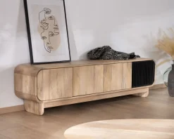 Meuble House Banc TV 4 portes 180 cm en manguier avec porte déco noire 