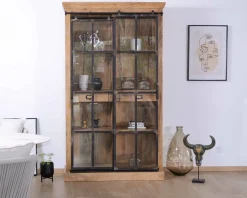 Meuble House Bibliothèque style manufacture bois de manguier métal et verre 