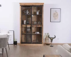 Meuble House Bibliothèque style manufacture bois de manguier métal et verre 