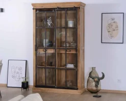 Meuble House Bibliothèque style manufacture bois de manguier métal et verre 