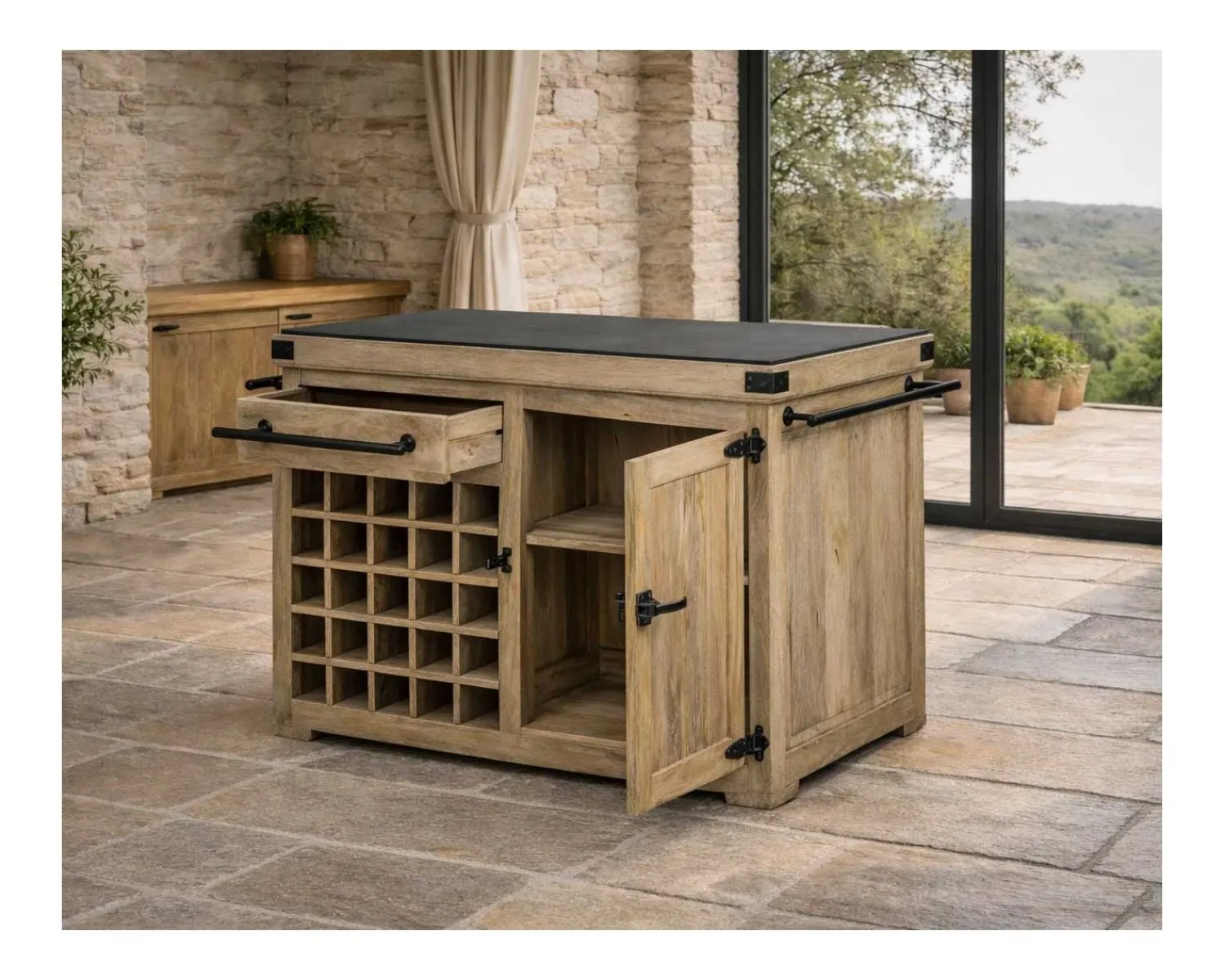 Meuble House Billot de cuisine bois massif "Grand Chef" 115cm plateau pierre