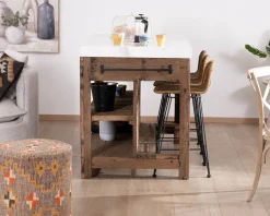 Meuble House Billot de cuisine en teck recyclé et plateau marbre blanc "Grana" Best