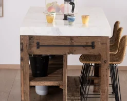 Meuble House Billot de cuisine en teck recyclé et plateau marbre blanc 
