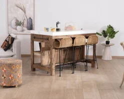 Meuble House Billot de cuisine en teck recyclé et plateau marbre blanc 