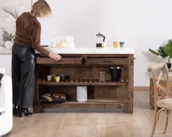 Meuble House Billot de cuisine en teck recyclé et plateau marbre blanc 