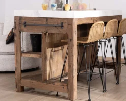 Meuble House Billot de cuisine en teck recyclé et plateau marbre blanc 