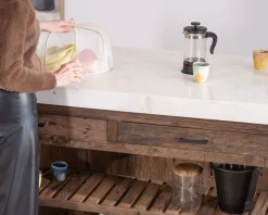 Meuble House Billot de cuisine en teck recyclé et plateau marbre blanc 