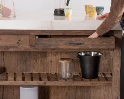 Meuble House Billot de cuisine en teck recyclé et plateau marbre blanc 