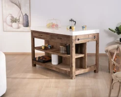 Meuble House Billot de cuisine en teck recyclé et plateau marbre blanc 