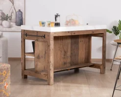 Meuble House Billot de cuisine en teck recyclé et plateau marbre blanc 