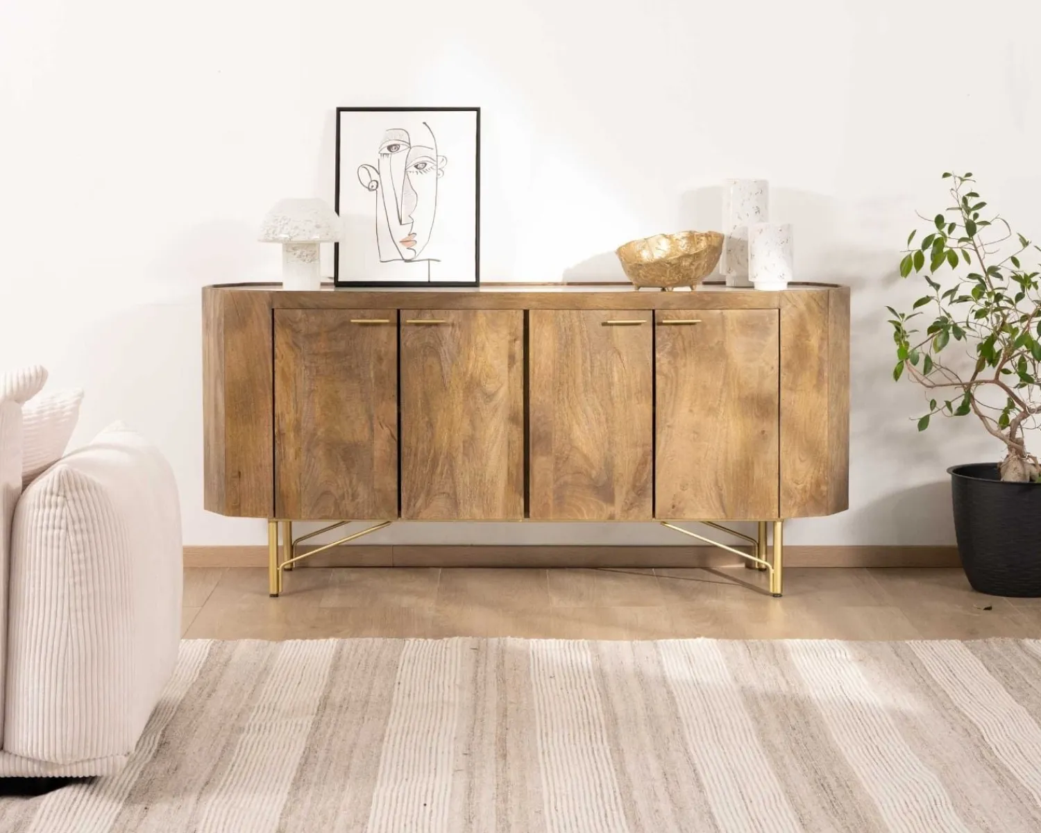 Meuble House Buffet arrondi avec plateau en terrazzo blanc et pieds métal doré "Bruges" Sale