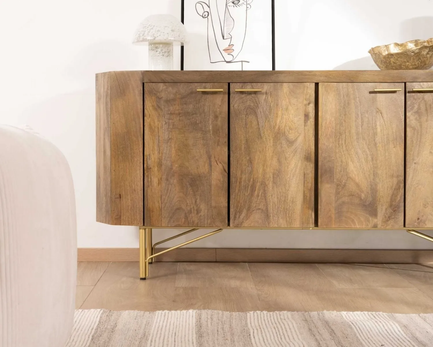 Meuble House Buffet arrondi avec plateau en terrazzo blanc et pieds métal doré "Bruges" Sale