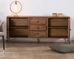 Meuble House Buffet bas acacia massif et pieds métal noirs "Membatu" 175cm portes et tiroirs style ethnique
