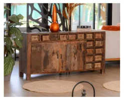 Meuble House Buffet bas ethnique en bois exotique brut recyclé 150cm "Népalaise" Online
