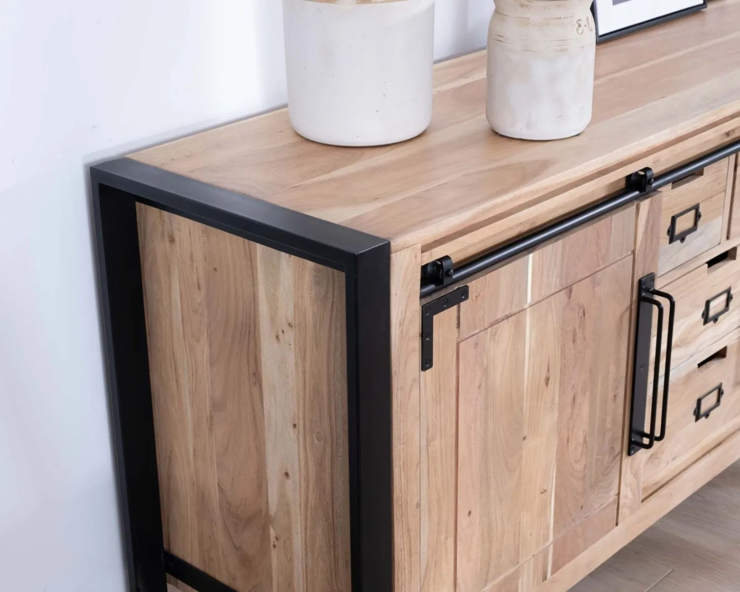 Meuble House Buffet bas industriel en bois d’acacia naturel et métal "Montréal" New