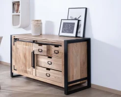Meuble House Buffet bas industriel en bois d’acacia naturel et métal