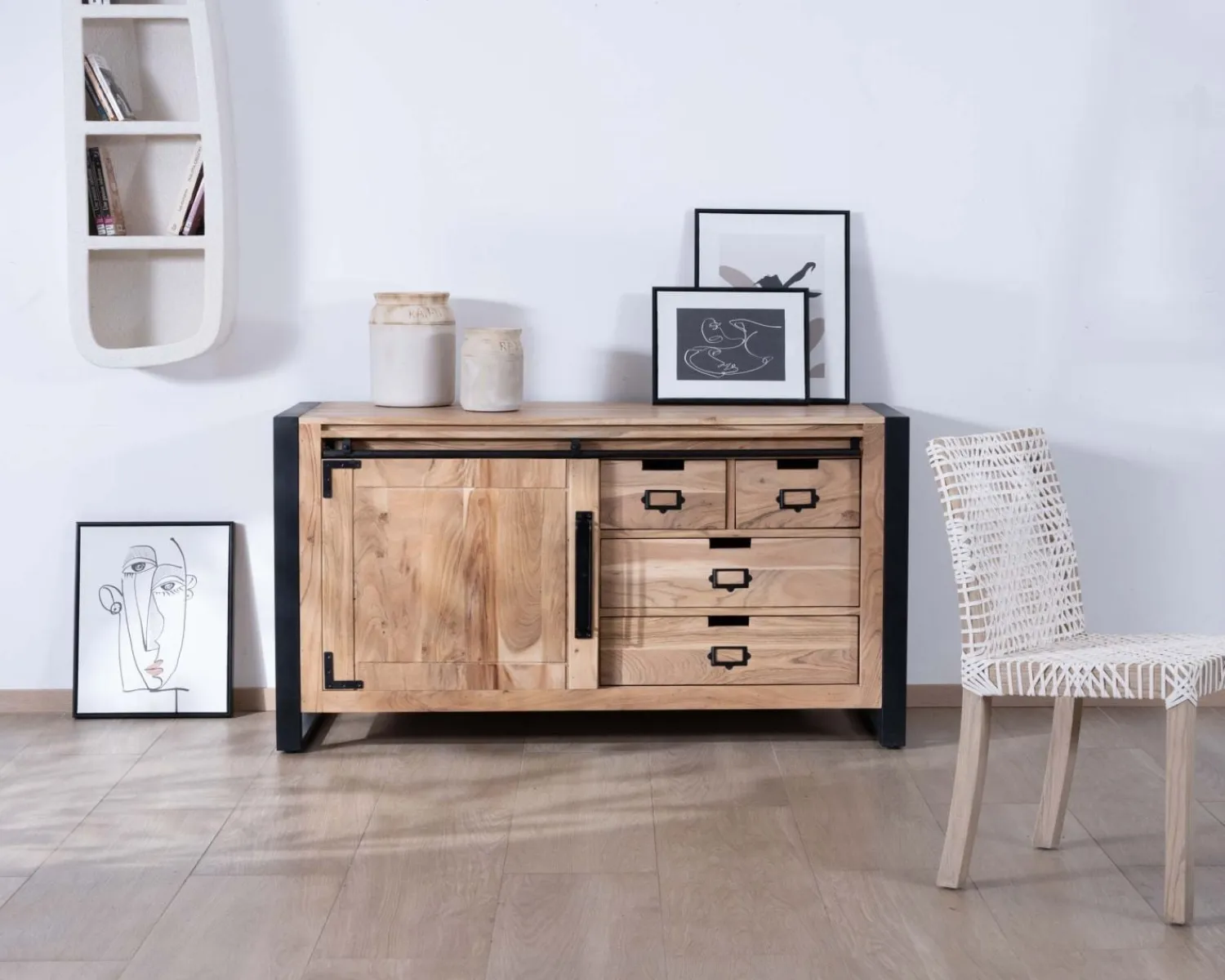 Meuble House Buffet bas industriel en bois d’acacia naturel et métal "Montréal" New