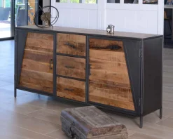 Meuble House Buffet bas industriel métal gris et bois de manguier massif 