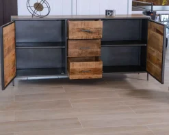 Meuble House Buffet bas industriel métal gris et bois de manguier massif 