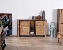 Meuble House Buffet contemporain 150cm en acacia 2 portes et étagères vitrées 