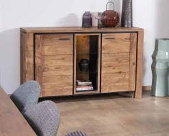 Meuble House Buffet contemporain 150cm en acacia 2 portes et étagères vitrées 
