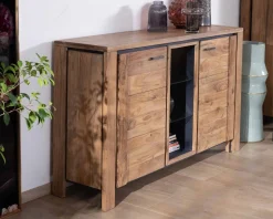 Meuble House Buffet contemporain 150cm en acacia 2 portes et étagères vitrées 