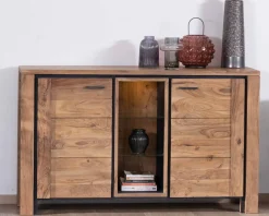 Meuble House Buffet contemporain 150cm en acacia 2 portes et étagères vitrées 
