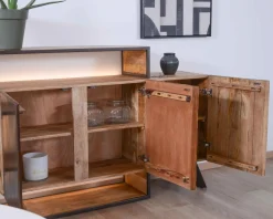 Meuble House Buffet design bois massif avec LED et décor métal et ciment