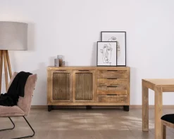 Meuble House Buffet en manguier avec décor strié noir réversible "Manoha" New