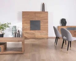 Meuble House Buffet haut avec éclairage LED en acacia massif et placage pierre "Paguera" Outlet