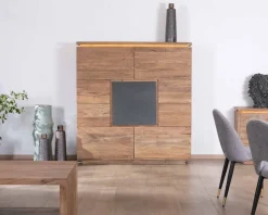 Meuble House Buffet haut avec éclairage LED en acacia massif et placage pierre