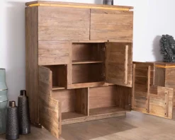 Meuble House Buffet haut avec éclairage LED en acacia massif et placage pierre