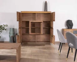 Meuble House Buffet haut avec éclairage LED en acacia massif et placage pierre