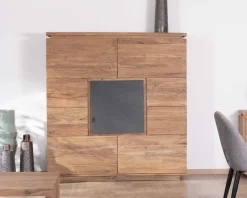 Meuble House Buffet haut avec éclairage LED en acacia massif et placage pierre